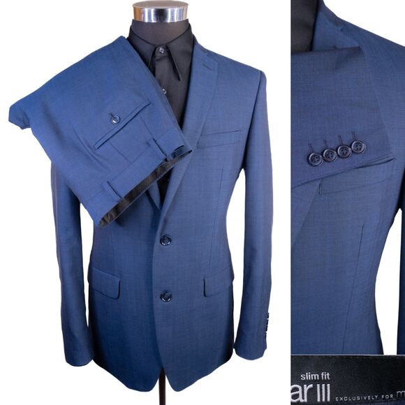 Bar III Mens Blue Two Piece Wool Suit Jacket Size 40R Dress Pants 40Wx32L - Picture 1 of 16